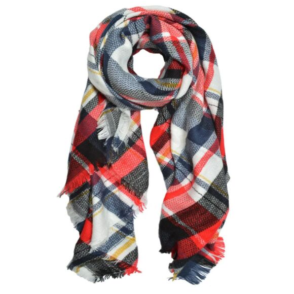 Plaid Checked Square Blanket Scarf Shawl Wrap Red White Blue Yellow - Picture 1 of 3